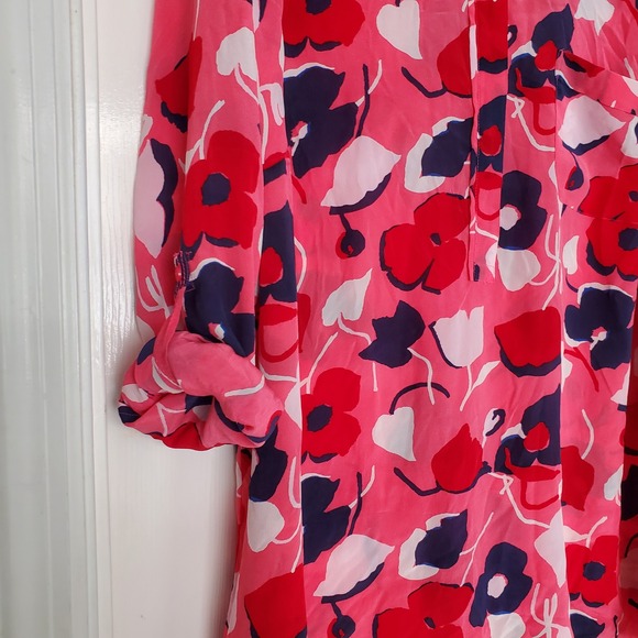 Talbots Colorful Washable Silk Floral Print Tunic Top Blouse 2X Pink Red Navy - Picture 2 of 7